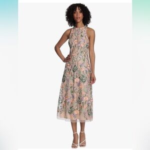 Maggy London Women's Floral Embroidered Halter Midi Dress with Back V-neck